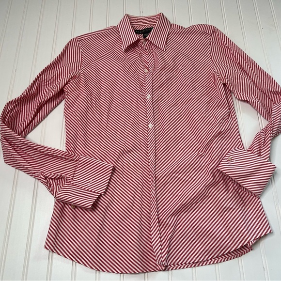 Ralph Lauren Black Label Womens Cotton Button Down Shirt Red 10 Striped 671 - Picture 1 of 3